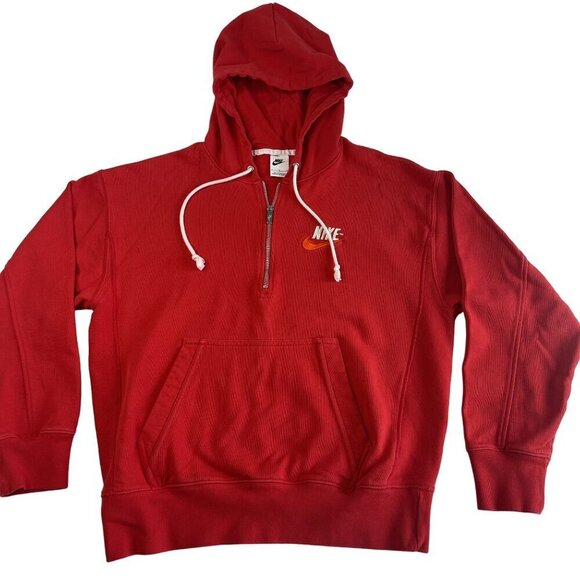 Nike Mens SZ M Embroidered Logo Half Zip Hooded Fleece Pullover Pocket Red - Picture 2 of 10